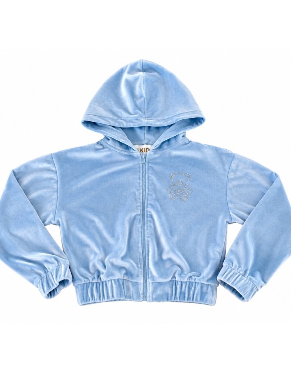 uKIDS Girls Size S 7/8 Baby Blue Velour Rhinestone Bear Zip Hoodie Jacket